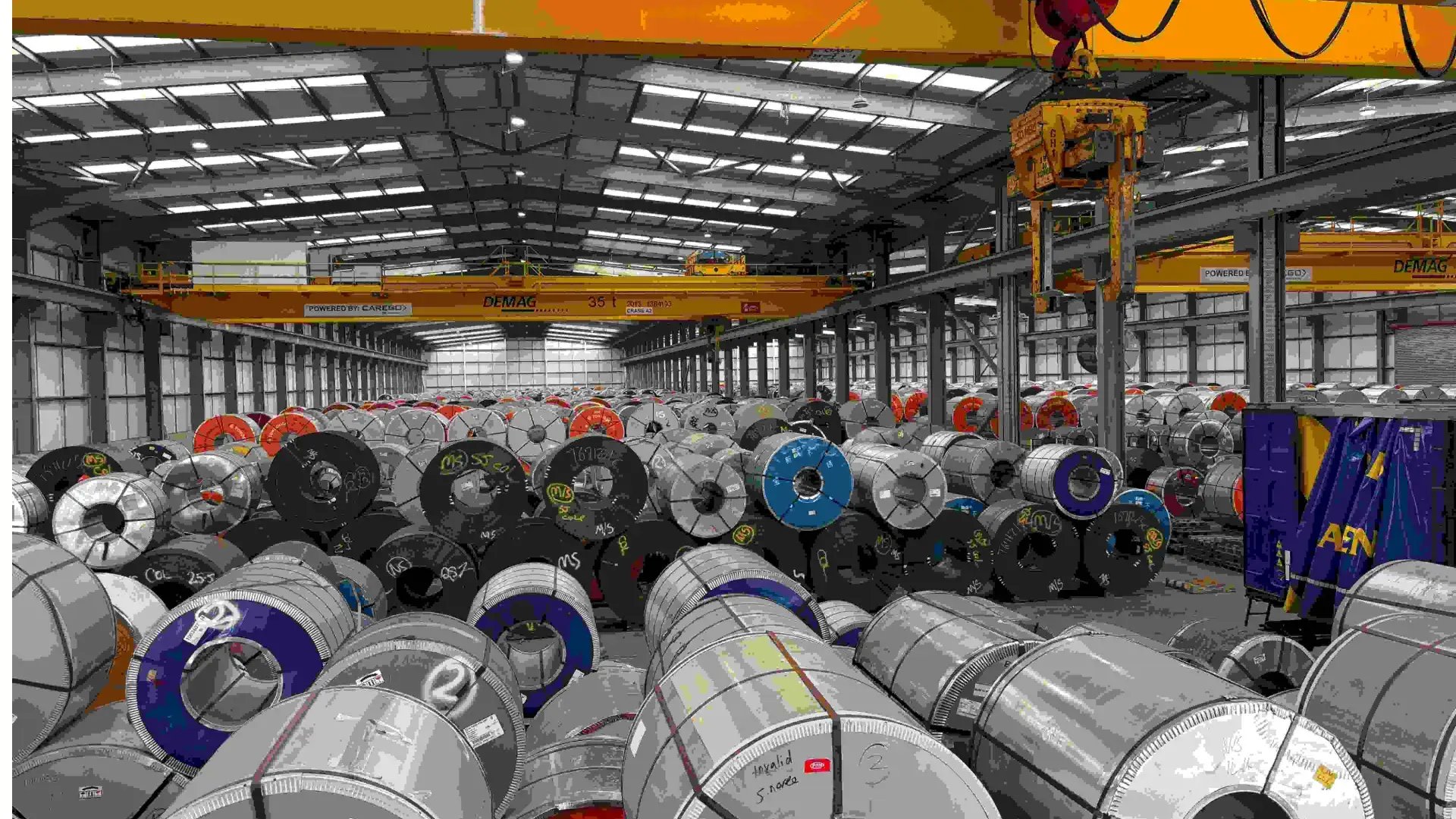CareGo Tek warehouse with Demag overhead crane system organizing stacked steel coils in a metals storage facility