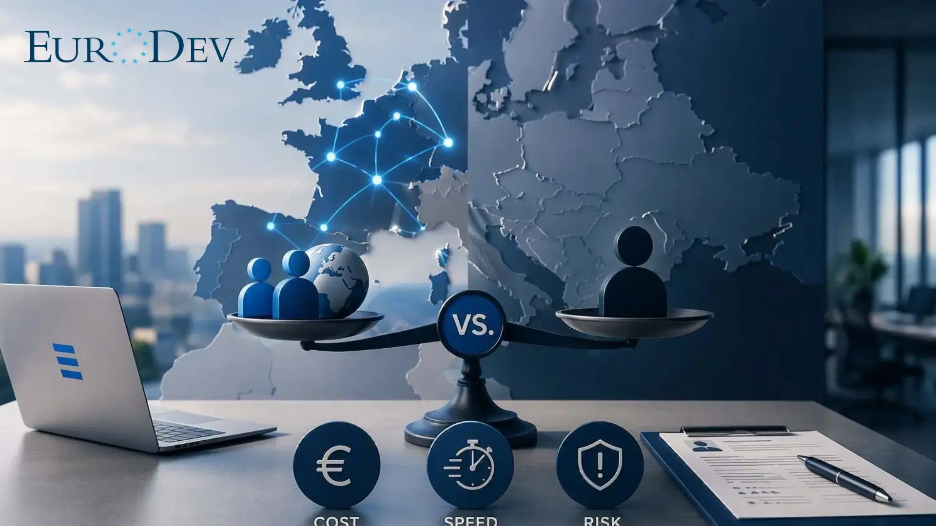 EuroDev illustration comparing sales outsourcing and in-house hiring in Europe across cost, speed, and risk